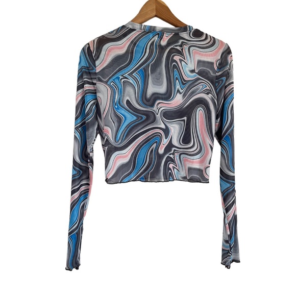 ACOA Long Sleeve Semi-Sheer Swirl Crop Top Shirt Blue Gray Size Large - Picture 3 of 8